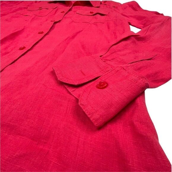 Tory Burch Linen Button Up Roll Tab Sleeve Shirt Carnival Red - Picture 4 of 9
